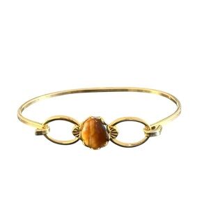 Vintage Faux Tiger Eye Bangle Bracelet Fishhook Clasp Brown Gold